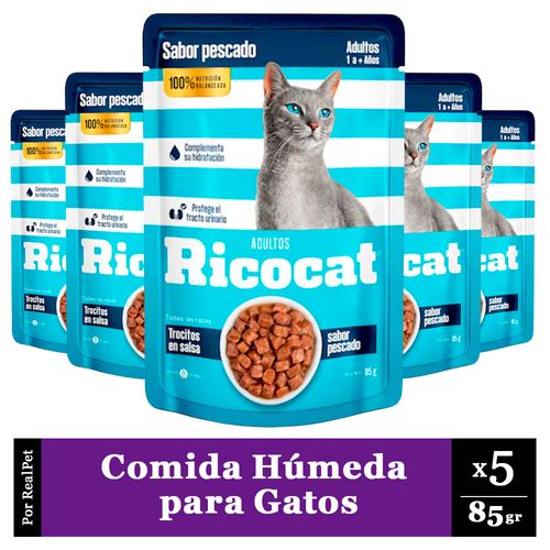 Pack x5 Comida Húmeda de Gato Ricocat Trocitos Pescado 85gr