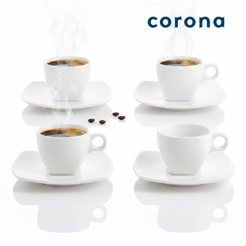 Set 4 Tazas de Porcelana Corona 101ml con Plato Cuadrado