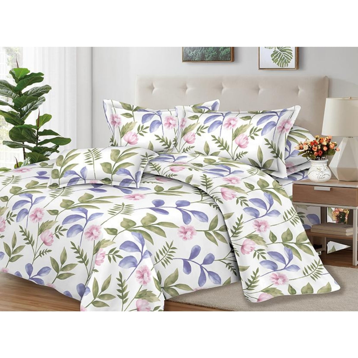 Juego de Sábanas 100% Suave Algodón 2Plazas 4 Piezas 2000 Hilos  Floral Acuarela