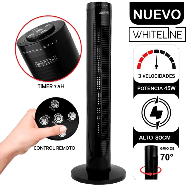 VENTILADOR DE TORRE WHITELINE SILENCIOSO CON CONTROL 3 VELOCIDADES 45 WATTS
