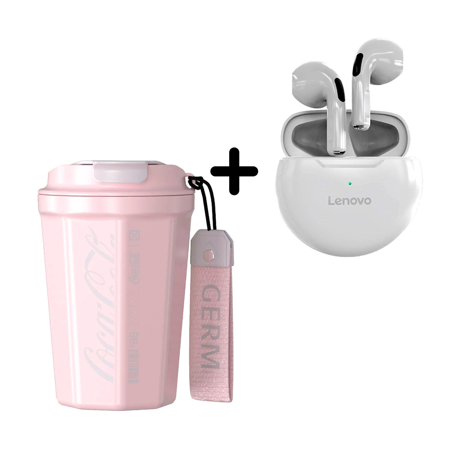 Combo Vaso Coca-Cola Rosa 390 ml + Audífono Lenovo HT38 Blanco