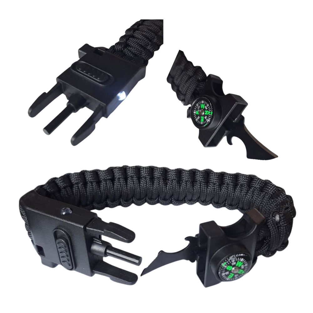 Pulsera Tactica Paracord Camping y Supervivencia Con Navaja Silbato Mechero Brujula y Linterna Negro