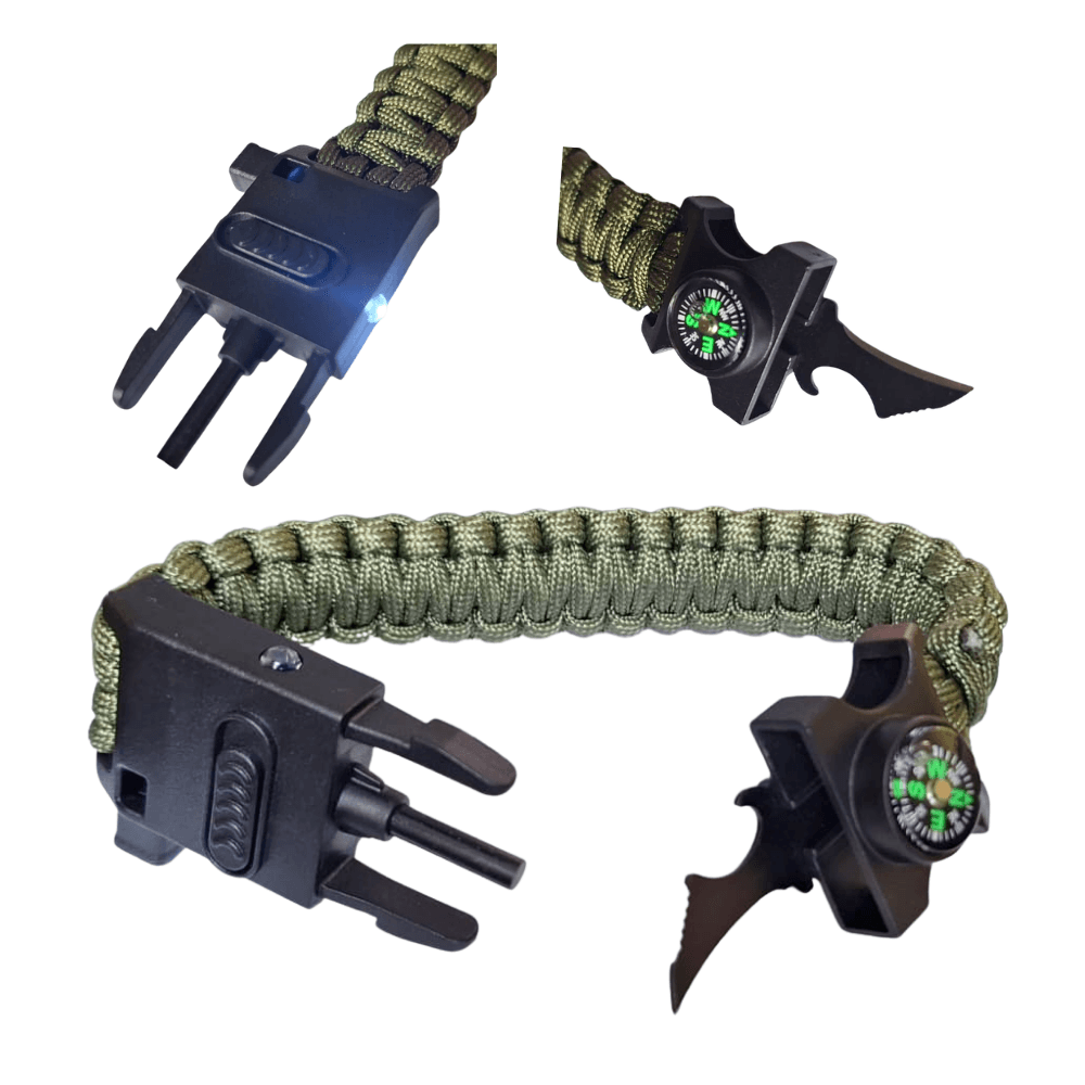Pulsera Tactica Paracord Camping y Supervivencia Con Navaja Silbato Mechero Brujula y Linterna Verde