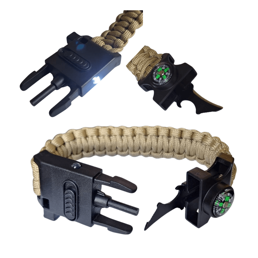 Pulsera Tactica Paracord Camping y Supervivencia Con Navaja Silbato Mechero Brujula y Linterna Coyot
