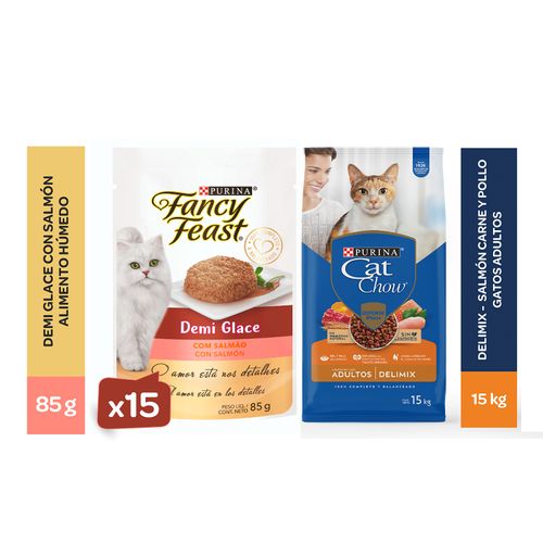 ALIMENTO DE GATO CAT CHOW DELIMIX 15KG + FANCY FEAST DEMI GLACE SALMON (X15)