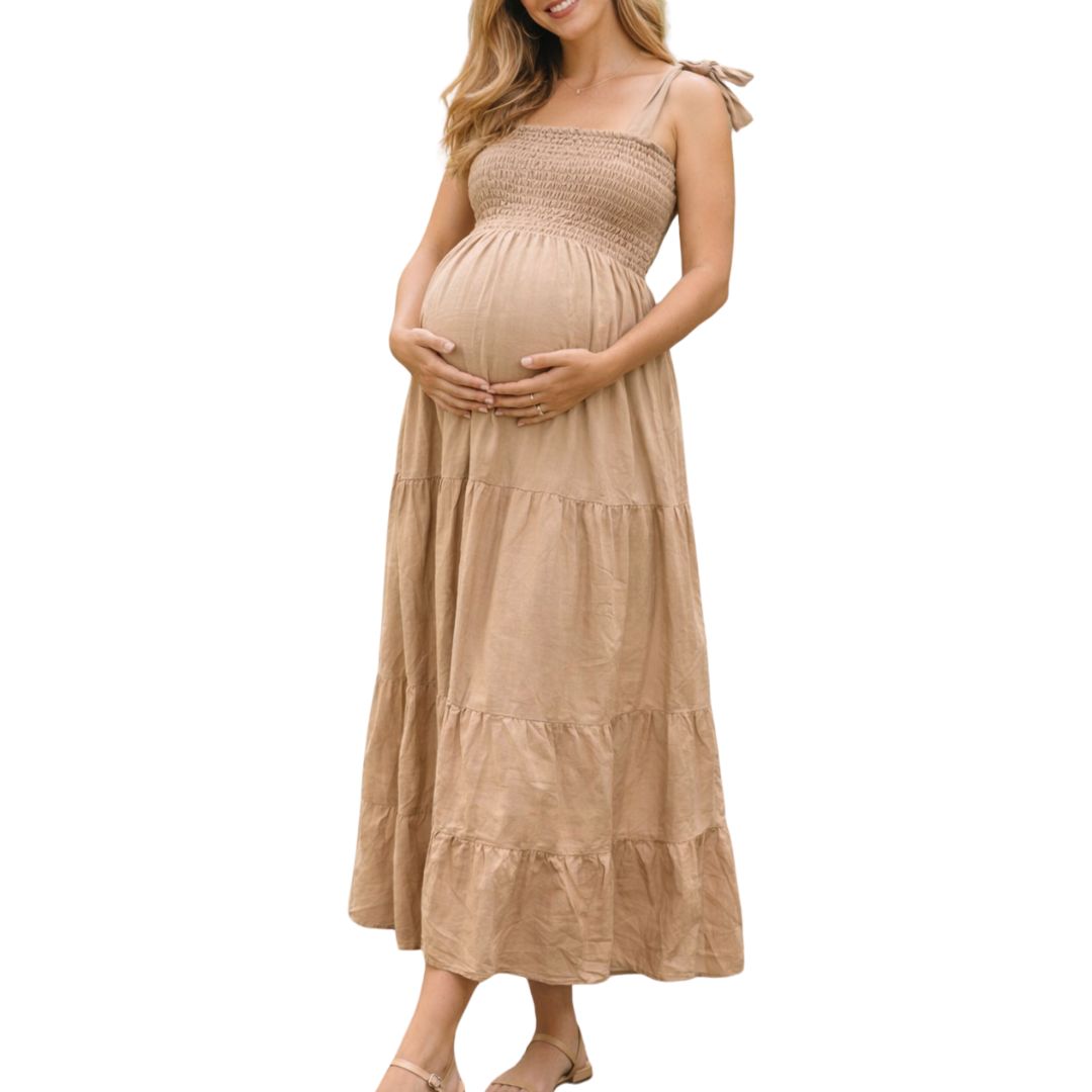 Vestido de Tela Lino Largo / Maternidad / embarazo Beige talla S/M