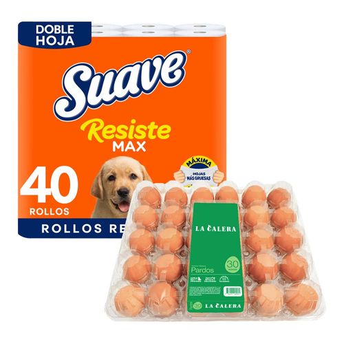 Pack Papel Higiénico SUAVE Resistemax Doble Hoja Paquete 40un + Huevos Pardos LA CALERA Paquete 30un