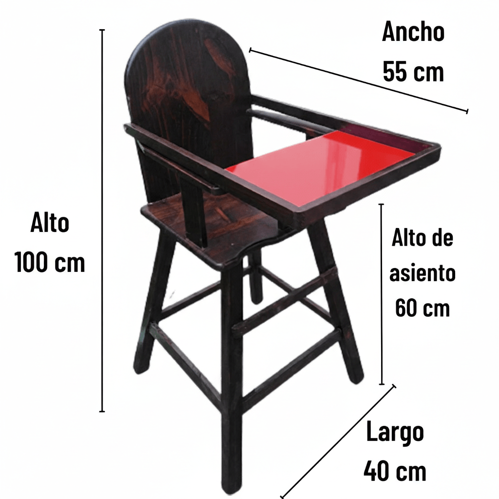 Silla de comer para bebe en madera con bandeja roja