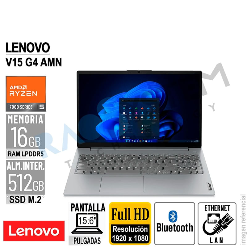 Laptop Lenovo V15 G4 AMN 15.6"" FullHD AMD Ryzen 5 7520U RAM 16GB-LPDDR5 512GB-SSD SIN SISTEMA OPERAT