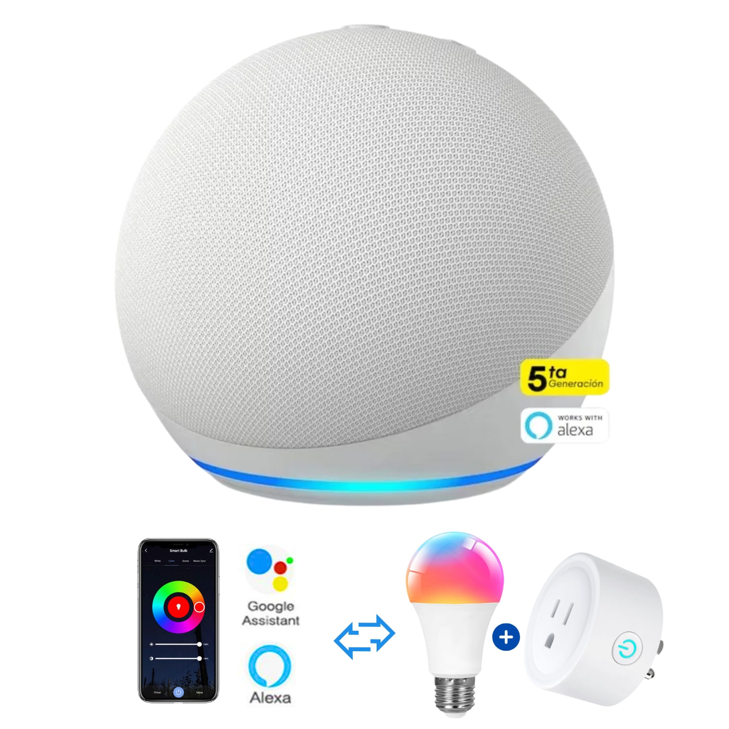 Amazon Alexa Echo Dot 5ta Gen. Blanco + Foco inteligente + Enchufe inteligente