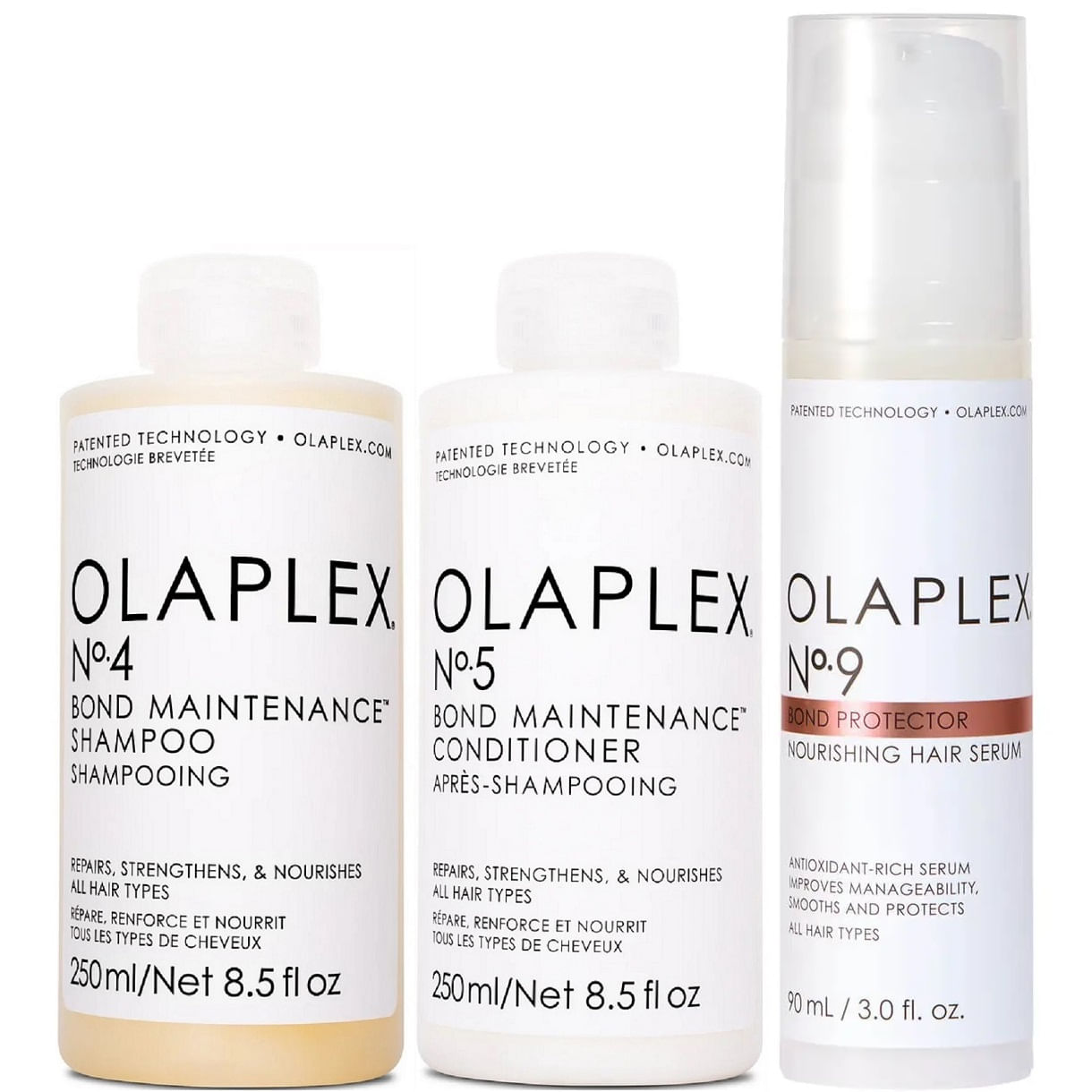 Olaplex N°4 + N° 5 + N°9 Shampoo Reparador + Acondicionador + Sérum