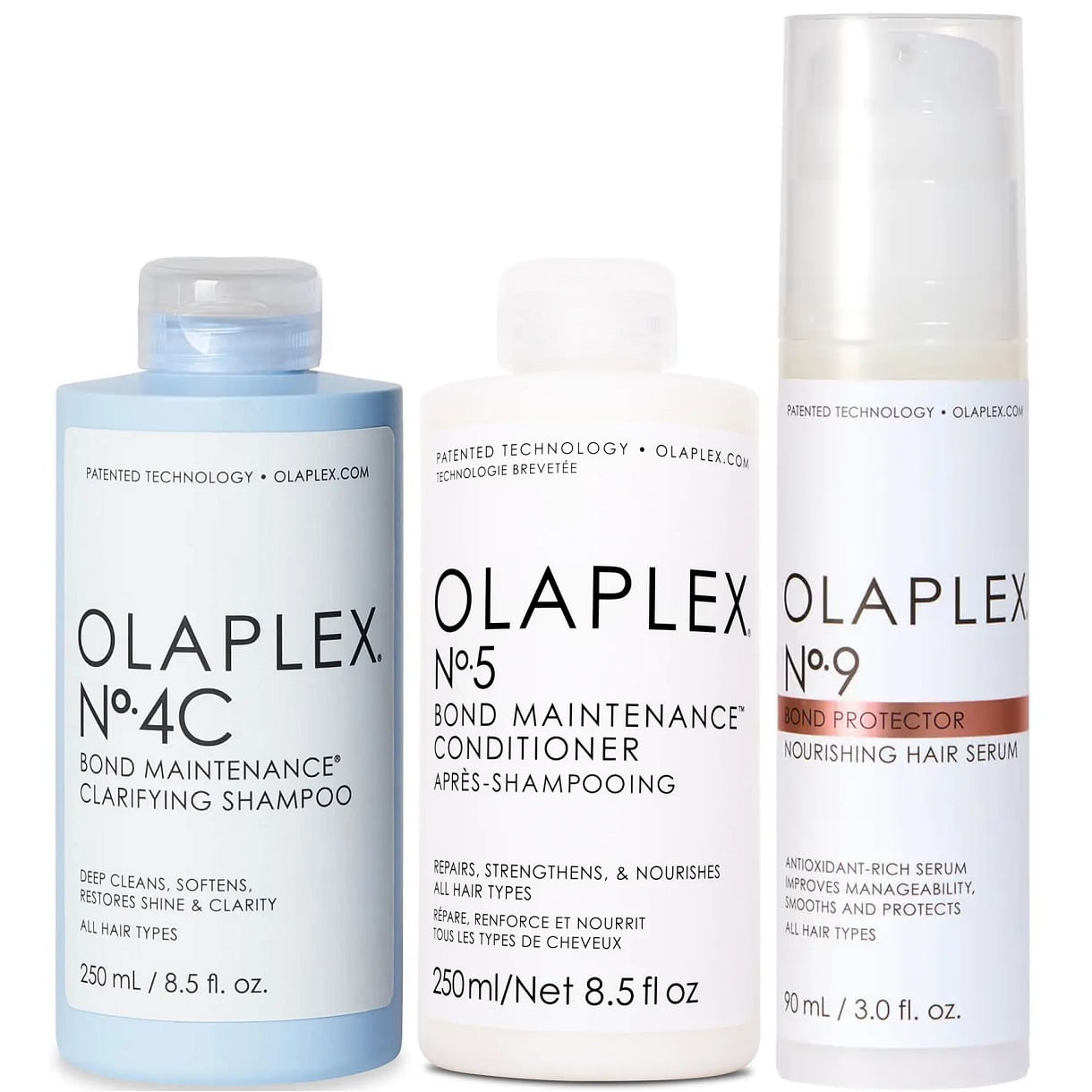 Olaplex N°4C + N°5 + N°9 Shampoo Clarificante + Acondicionador + Sérum