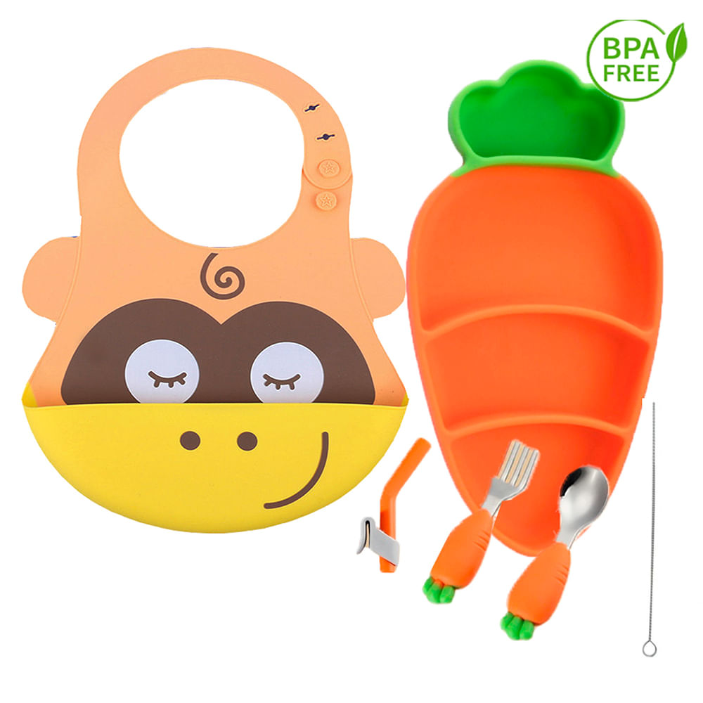 Pack Babero Monito y Set Plato Zanahoria Naranja para bebe