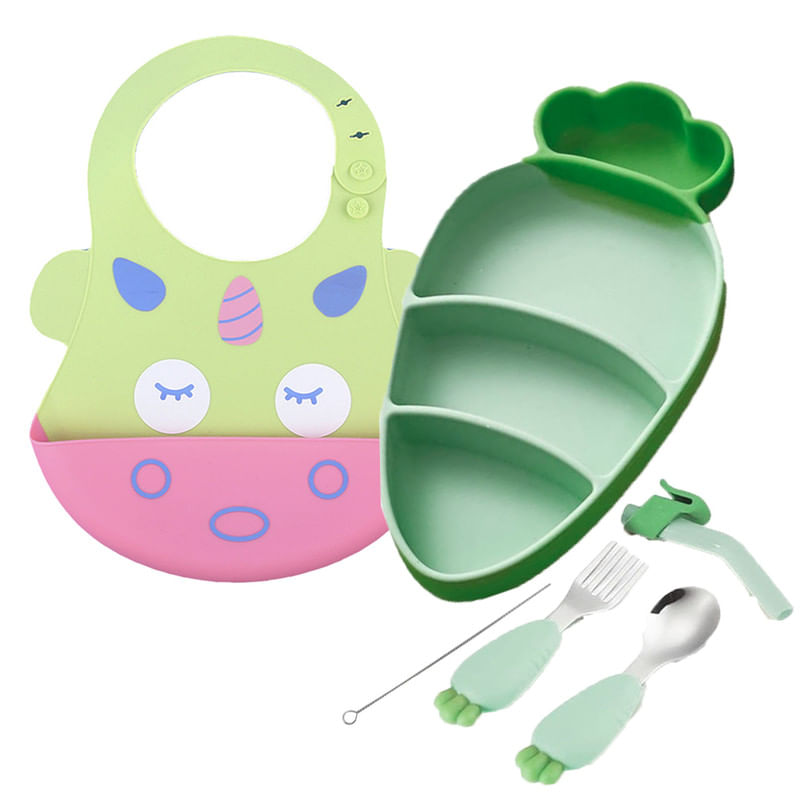 Pack Babero Unicornio y Set Plato Zanahoria Verde para bebe