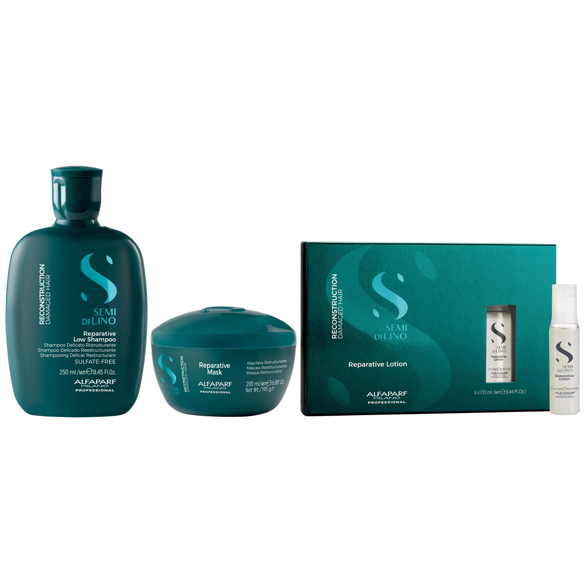 Shampoo Sin Sal 250ml + Mascarilla + Ampollas Alfaparf Reconstruction