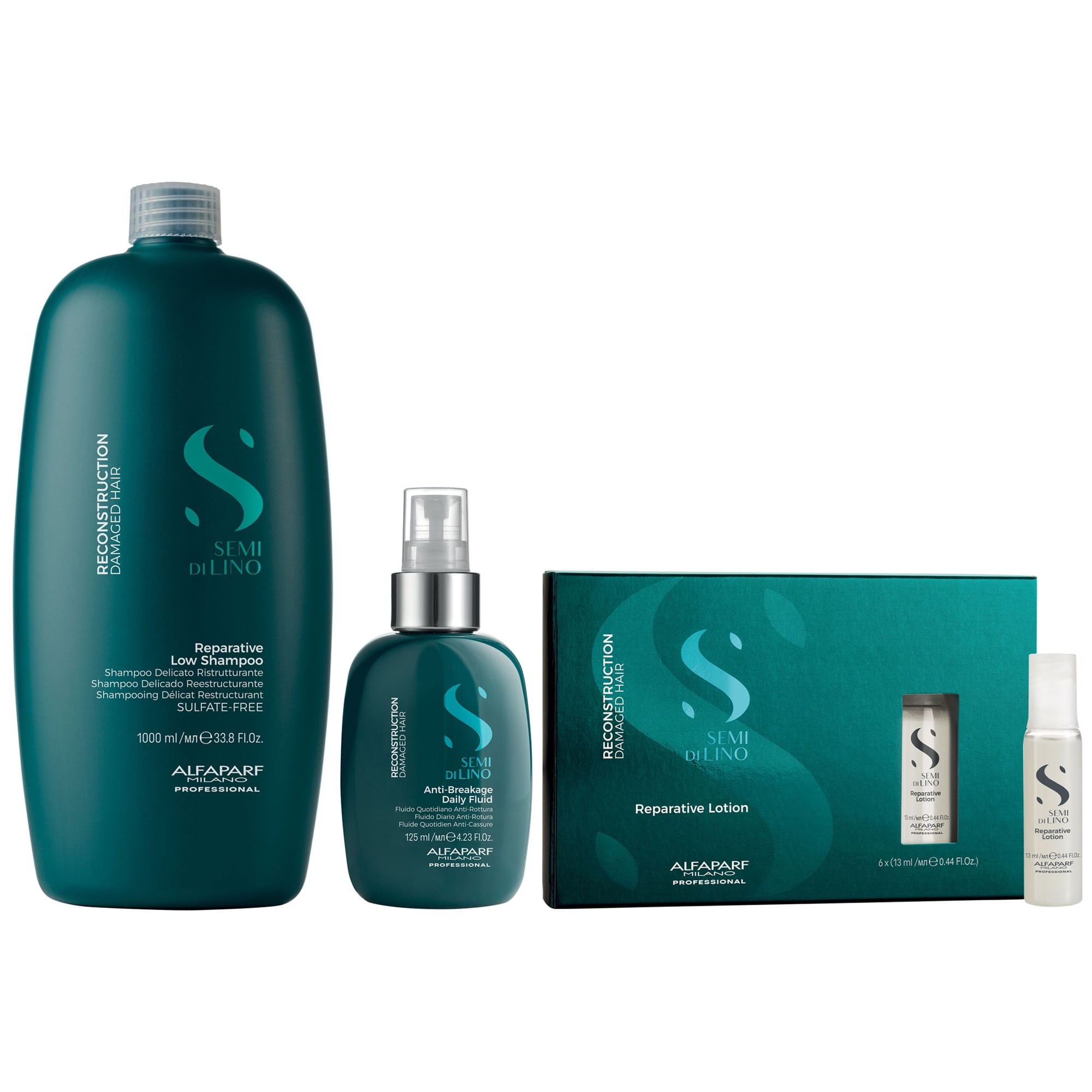 Shampoo Sin Sal 1000ml + Spray+ Ampolla Lotion Alfaparf Reconstruction