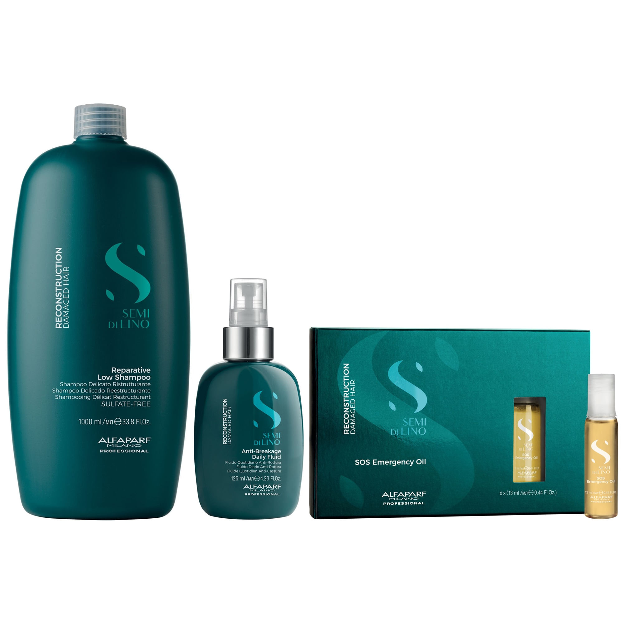 Shampoo Sin Sal 1000ml + Spray + Ampollas SOS Alfaparf Reconstruction