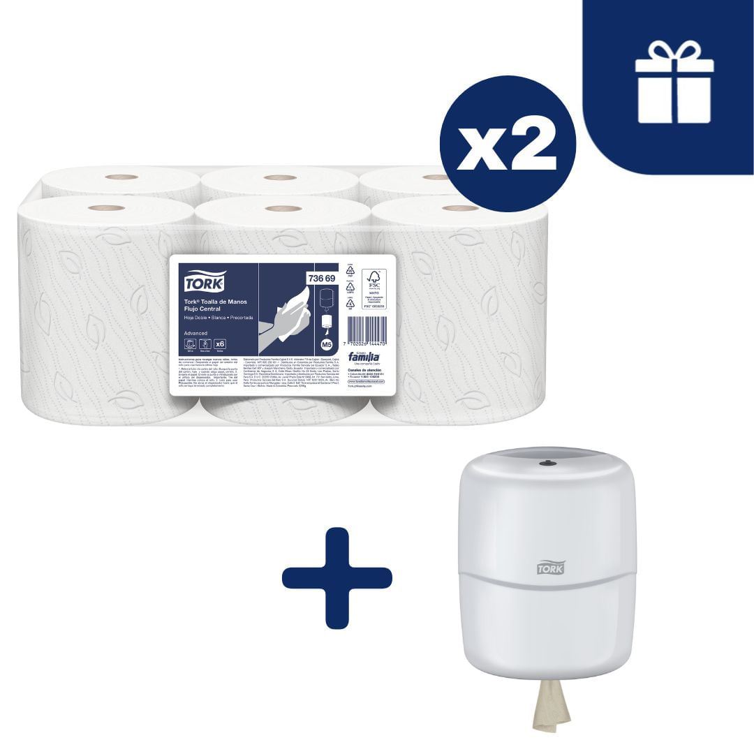 Papel Toalla Precortada Hoja Doble Tork Blanco 12 x 120 mts + Dispensador