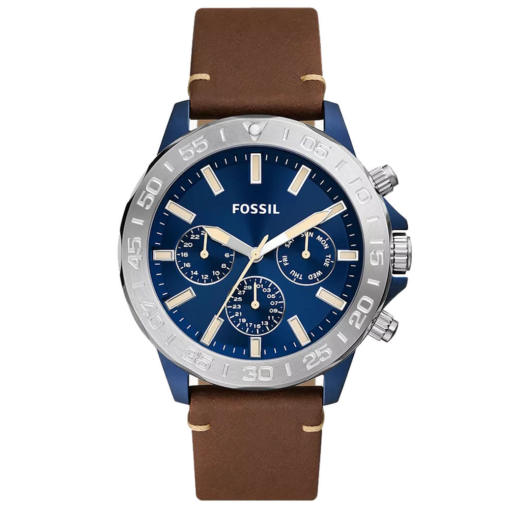 Reloj Fossil Bannon BQ2692 Multifuncional Acero Inoxidable Azul Correa de Cuero Marron Dial Azul