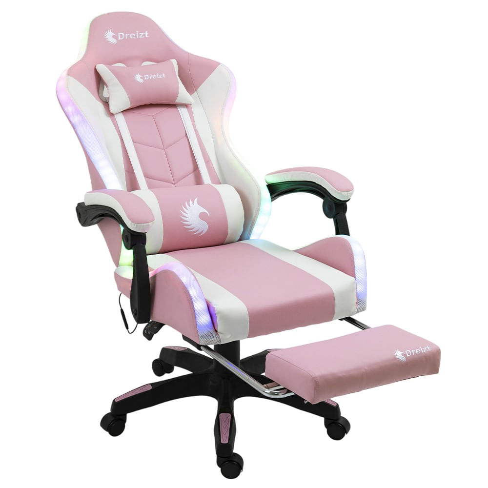 Silla Gamer Ergonómica Dreizt Shine RGB Series Rosado Luces con Posapies Reclinable
