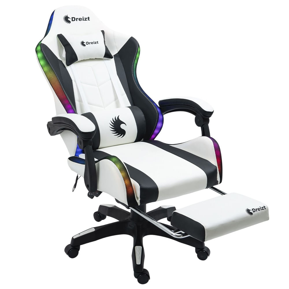 Silla Gamer Ergonómica Dreizt Shine RGB Series Blanco Luces con Posapies Reclinable