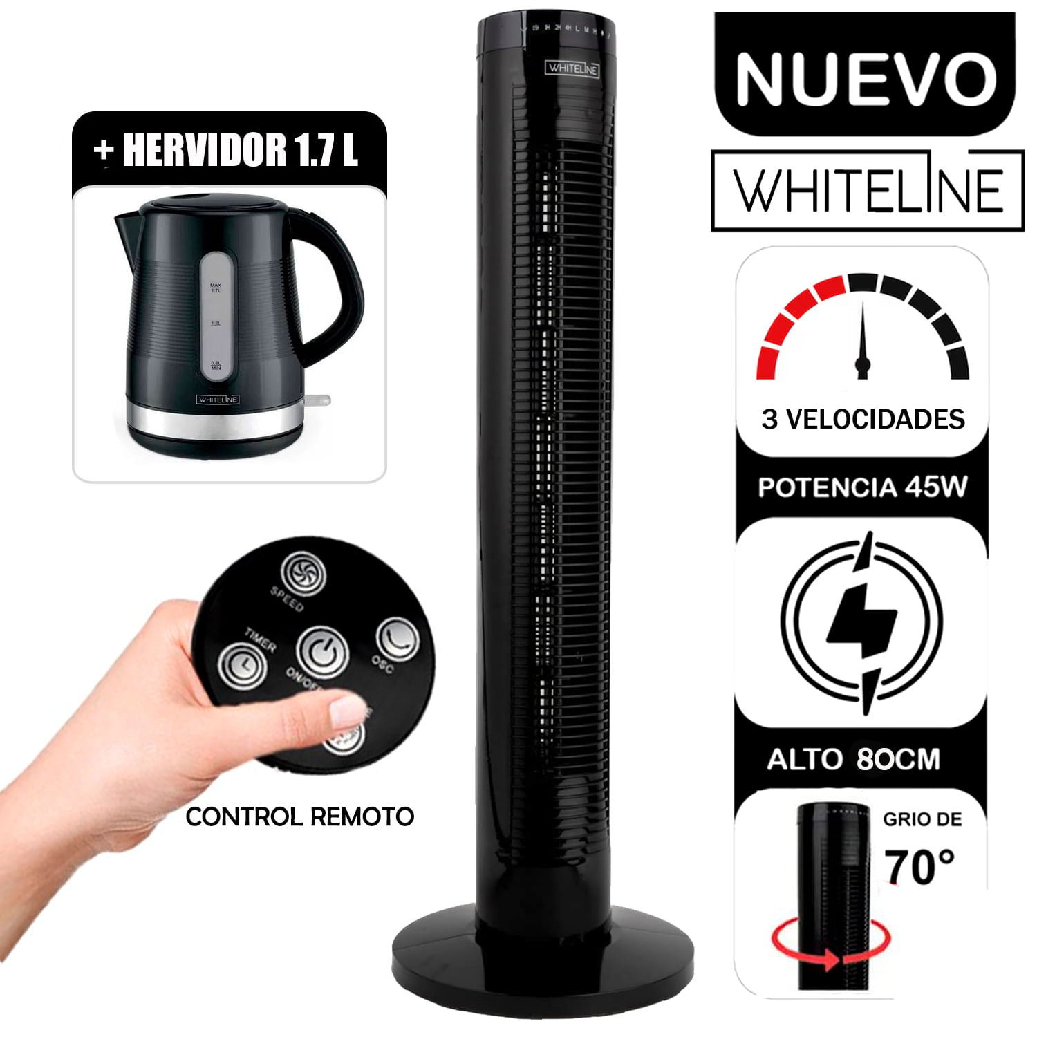 Ventilador de Torre Whiteline YF-T03214 45 Watts con Control +Hervidor