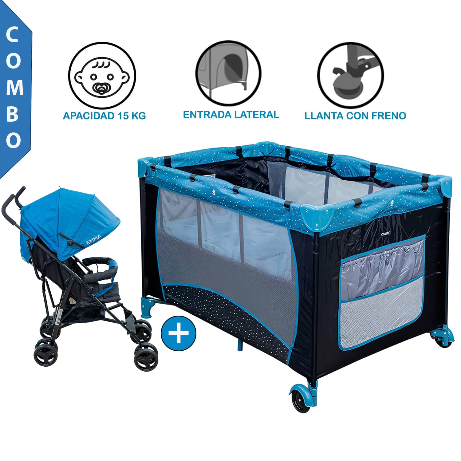 Cuna Corral Pack and Play Stella Azul +Coche Bastón