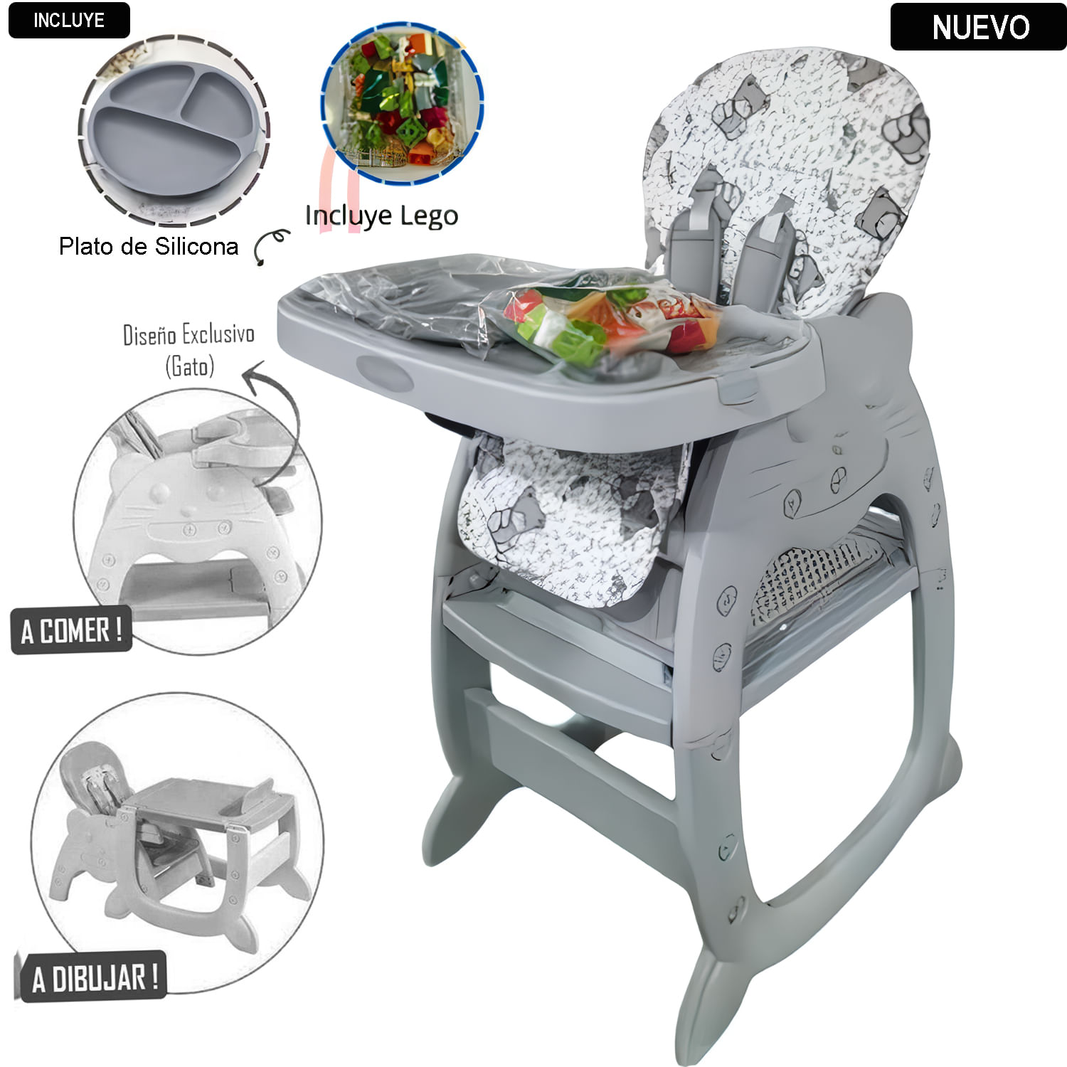 Silla Carpeta  3 en 1 Gris con Plato y Lego