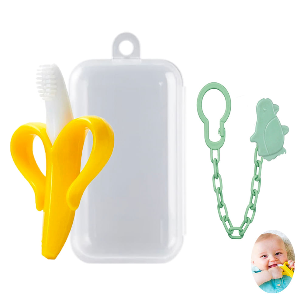Mordedor Banana Amarillo Con Cadena Baby Froggie Pingüino Verde Para Bebe