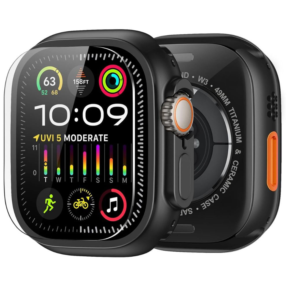 Case Metal y Mica de Vidrio Templado Para Apple Watch Ultra Ultra 2 Ultra 3 Negro