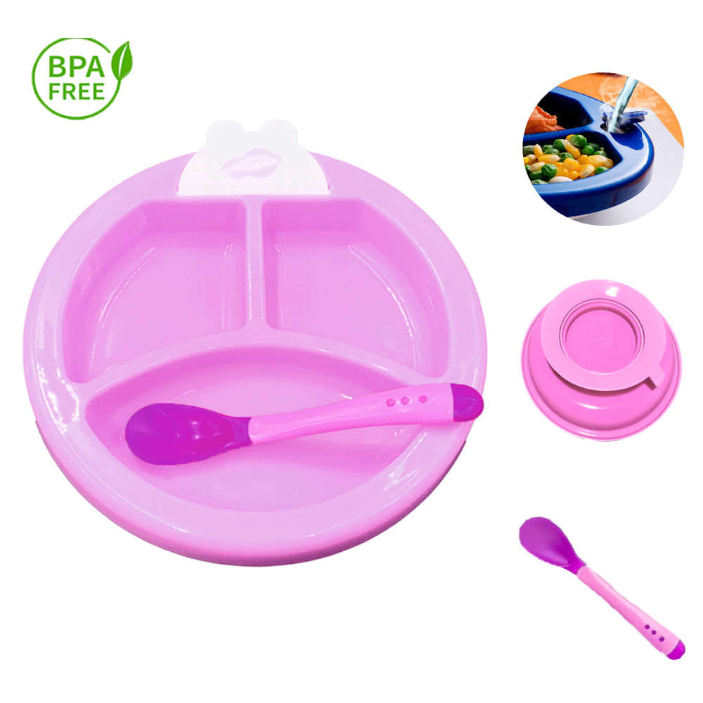 Set Plato Termico Con Cubierto Para Bebe Baby Froggie Fucsia
