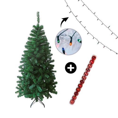 COMBO Árbol navidad 180cm 580 ramas + Luces Arroz Multicolor x100 luces + Tubo x 12 bolas Rojas 6cm