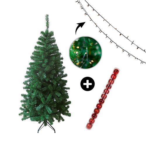 COMBO Árbol navidad 180cm 580 ramas + Luces Arroz Blanco x100 luces + Tubo x 12 bolas Rojas 6cm