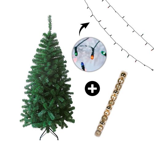 COMBO Árbol navidad 180cm 580 ramas + Luces Arroz Multicolor x100 luces + Tubo x 12 bolas Champagne 6cm