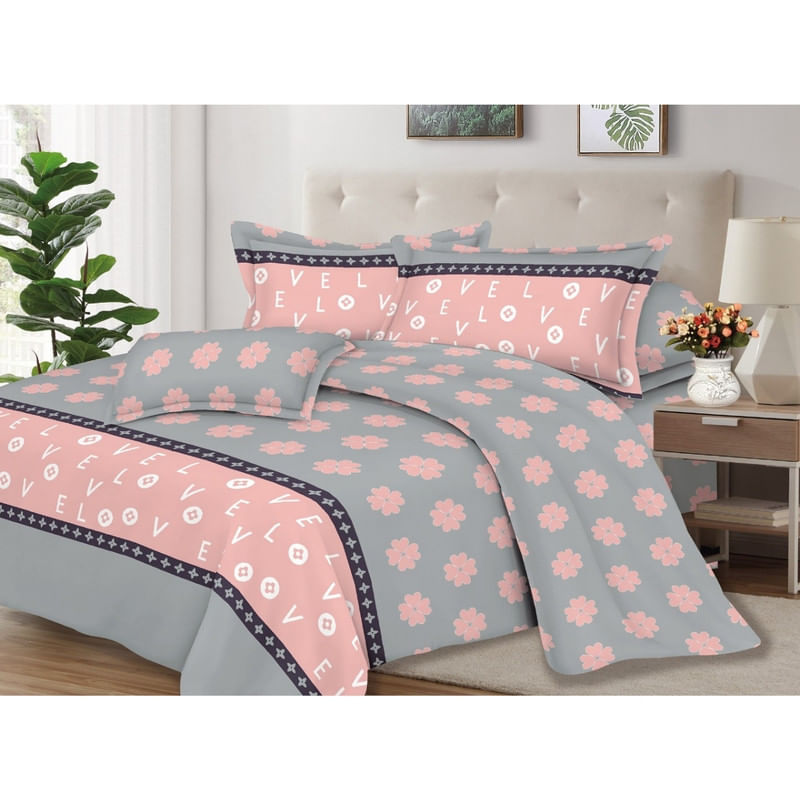 Juego de Sábanas 100% Suave Algodón 2Plazas 4 Piezas 2000 Hilos Rosa Gris