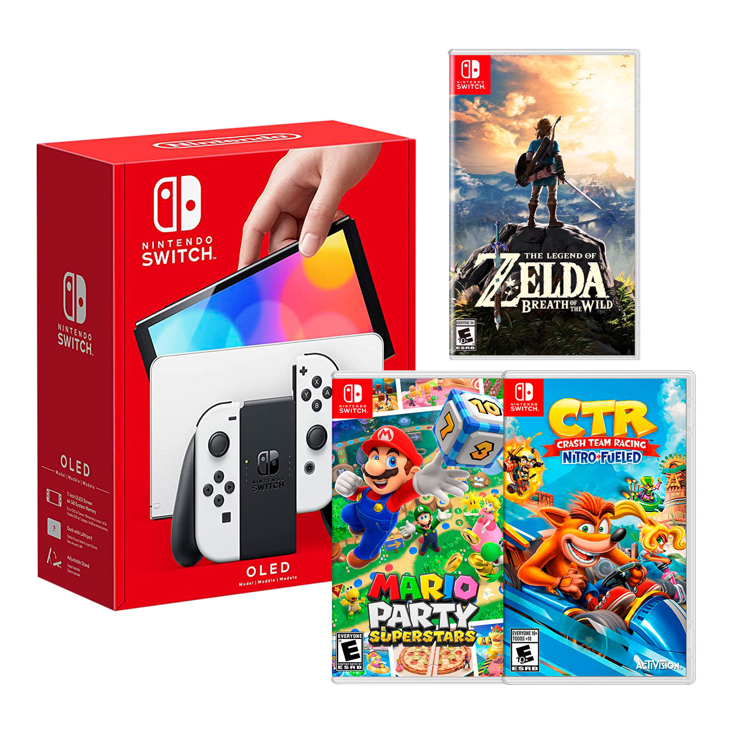 Consola Nintendo Switch Modelo Oled Blanco + Zelda Breath + Crash team Racing + Mario Party Supersta