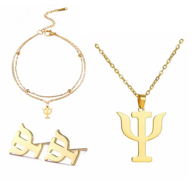 Set collar, aretes y pulsera psi símbolo psiología psicóloga dorado