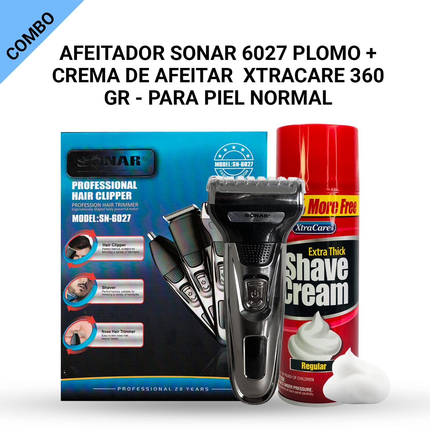 Afeitador Sonar 6027 Plomo + Crema de Afeitar  xtracare 360 gr - para piel normal