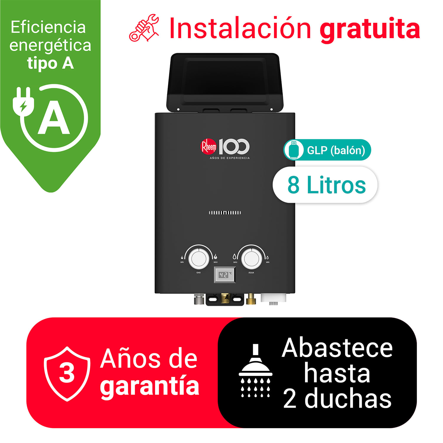 TERMA A GAS 8L GLP PREMIUM RHEEM - TIRO NATURAL SIN DUCTO