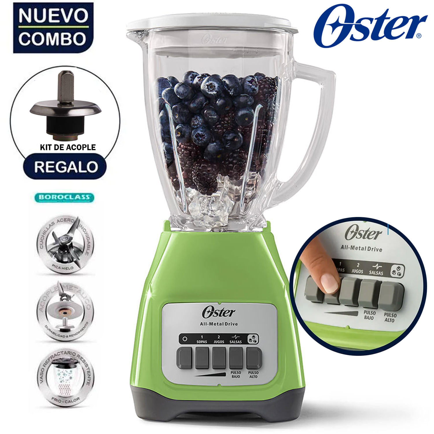 Licuadora Oster BLSTKAG-KPB 2V +Pulso 1,25 lt Verde +Kit de Acople