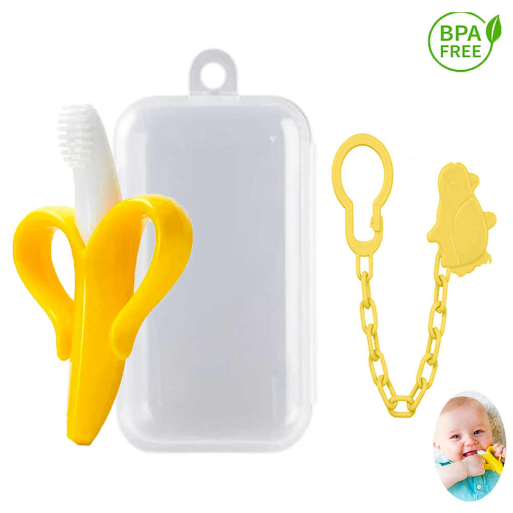 Mordedor Banana Amarillo Para Bebe Con Cadena Pinguino amarillo Baby Froggie