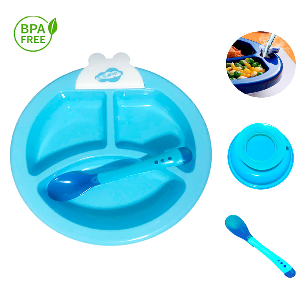 Set Plato Termico Con Cubierto Para Bebe Baby Froggie Celeste