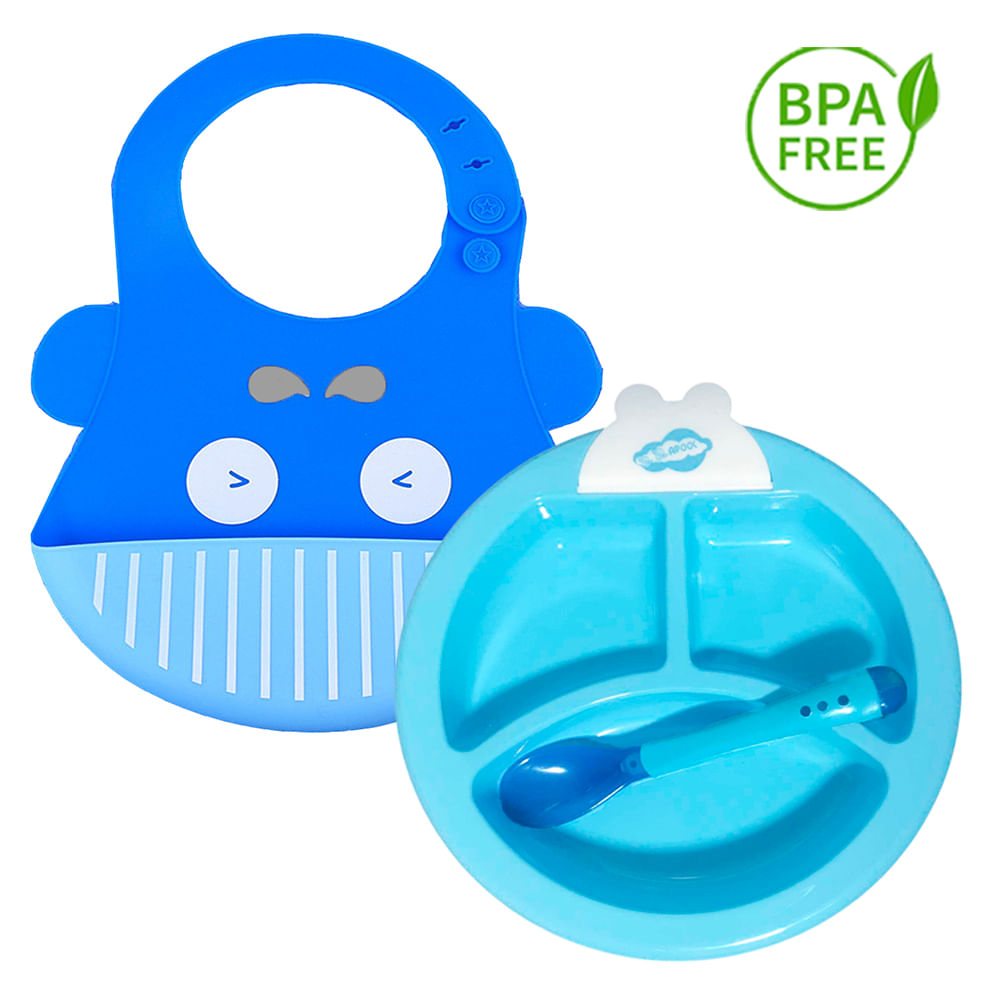 Pack Babero Ballena y Set Plato Termico Celeste para bebe