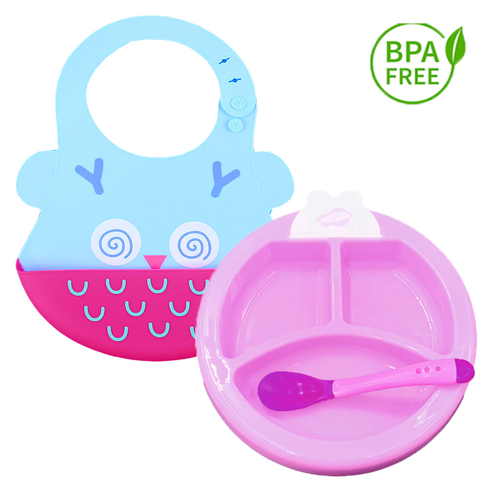 Pack Babero Buho y Set Plato Termico Fucsia para bebe