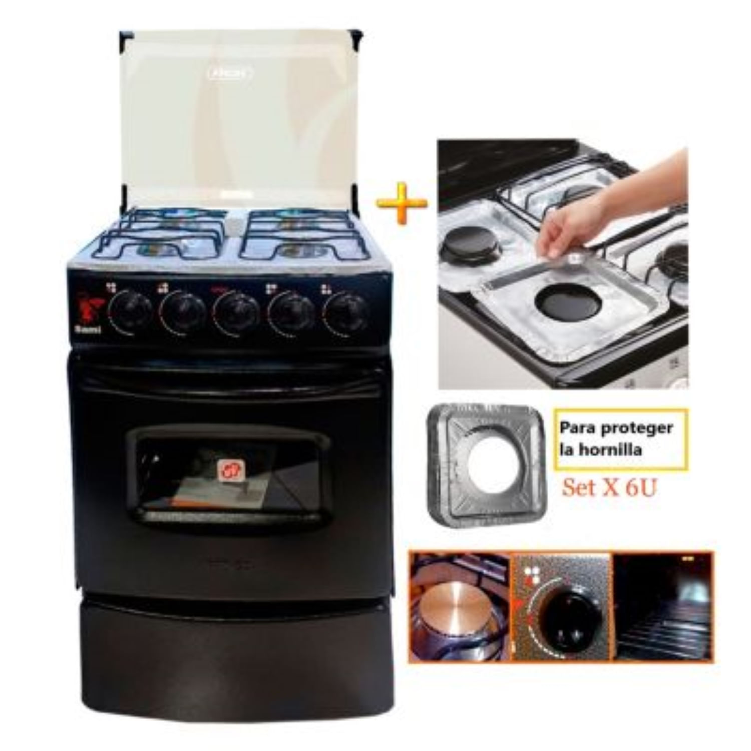 Cocina Fadic con tapa de vidrio y horno sami 4h Negro + Protector De Quemadores
