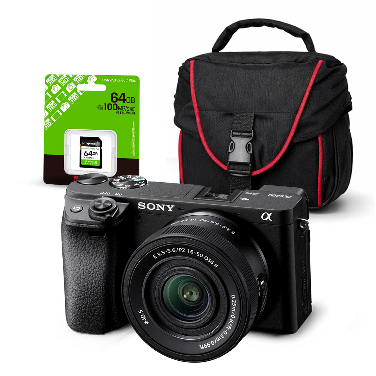 Cámara Sony Alpha a6400 Mirrorless + Lente 16-50mm II + Kit Básico de Accesorios