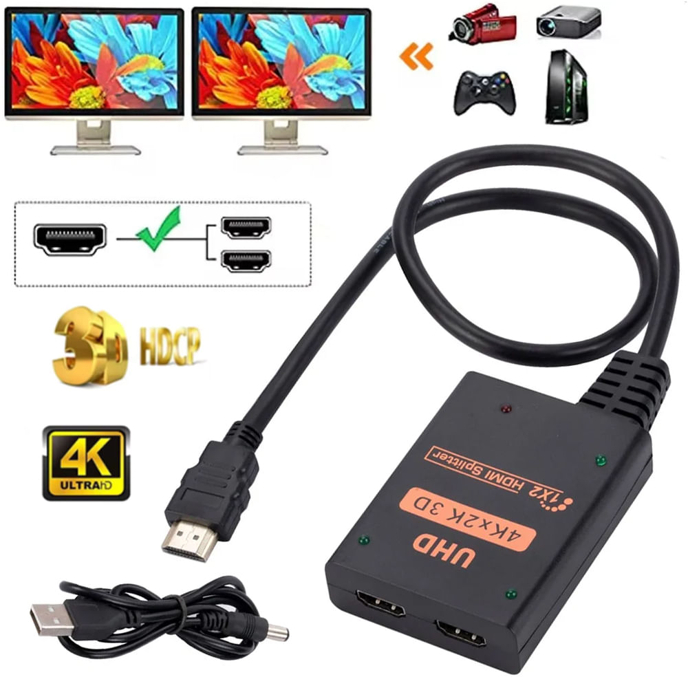 Splitter Hdmi 1x2 Full HD 4K con Cable Multiplica Señal Conecta 2 tv