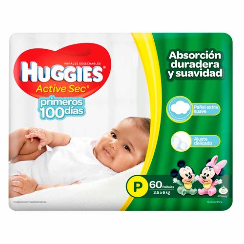 Pañales para Bebé HUGGIES Active Sec Talla P Paquete 60un