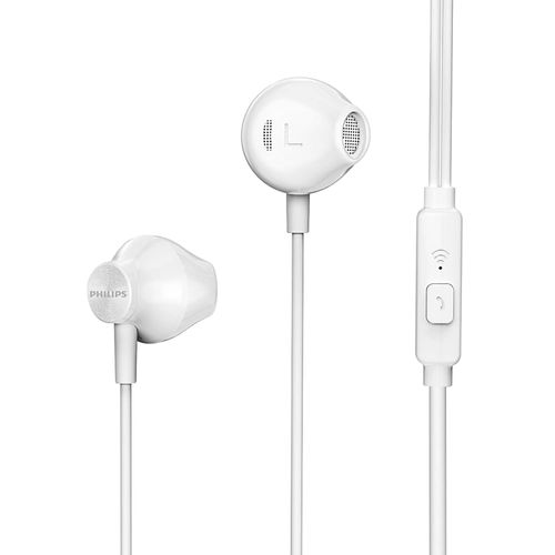 Audífono in ear con micrófono  Philips TAUE101 cable plano, conector 3.5 mm, control de música y llamadas, blanco