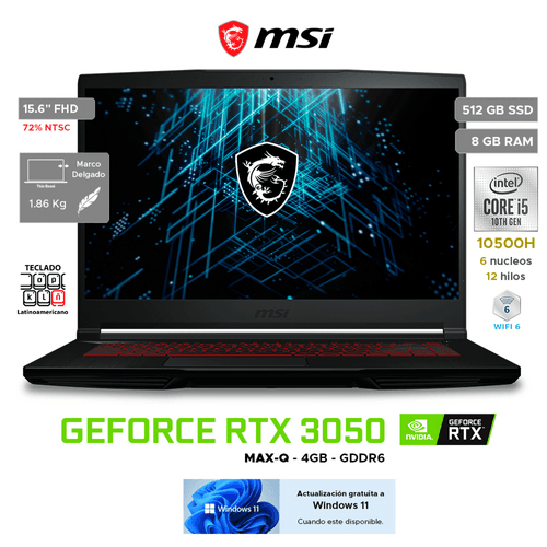 Laptop Gamer MSI GF63 Thin 10UC Intel Core i5 8GB RAM 521GB SSD 15.6" RTX 3050